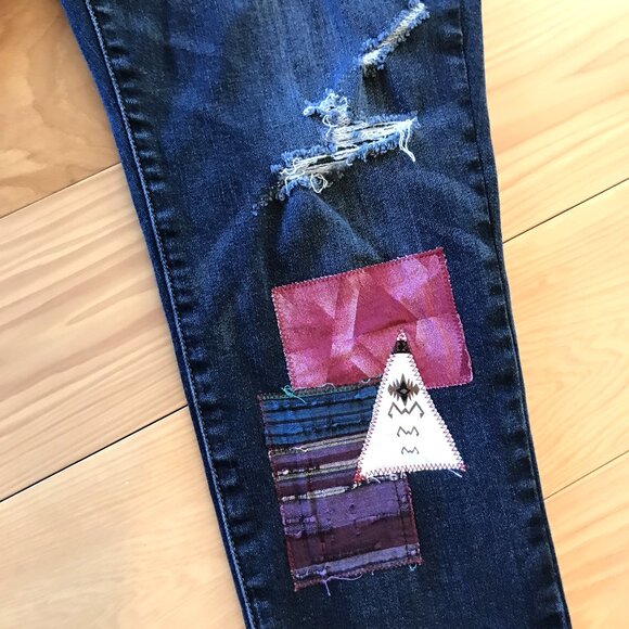 Upcycled Aztec Tribal Patchwork Jeans, Junior Size 12: Distressed Cropped Denim - Picture 7 of 13